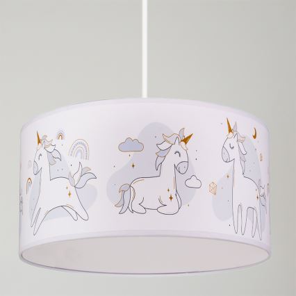 Brilagi - LED lastenhuoneen riippuvalaisin johdolla BOBO 1xE27/60W/230V halkaisija 35 cm valkoinen/yksisarviskuvio