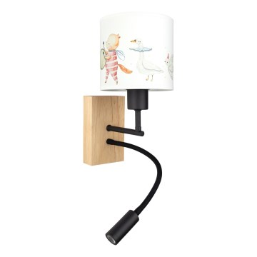 Brilagi - LED lasten taipuisa seinälamppu BOBO WOOD 1xE27/25W/230V + LED/3W tammi/musta/valkoinen/eläinhahmot