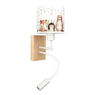 Brilagi - LED lasten taivutettava seinävalaisin BOBO WOOD 1xE27/25W/230V + LED/3W tammi/valkoinen/eläinkuviot