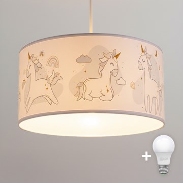 Brilagi - LED lastenhuoneen riippuvalaisin johdolla BOBO 1xE27/60W/230V halkaisija 35 cm valkoinen/yksisarviskuvio