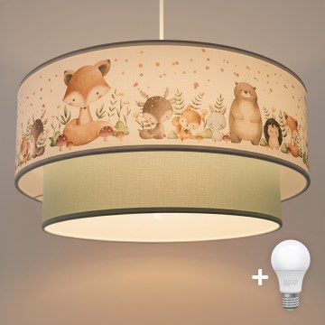 Brilagi- LED-lastenkattovalaisin vaijerilla BOBO 1xE27/60W/230V halkaisija 40 cm valkoinen/vihreä/eläinkuviollinen