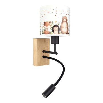 Brilagi - LED-lastenseinävalaisin BOBO WOOD 1xE27/25W/230V + LED/3W tammi/musta/valkoinen/eläinhahmot