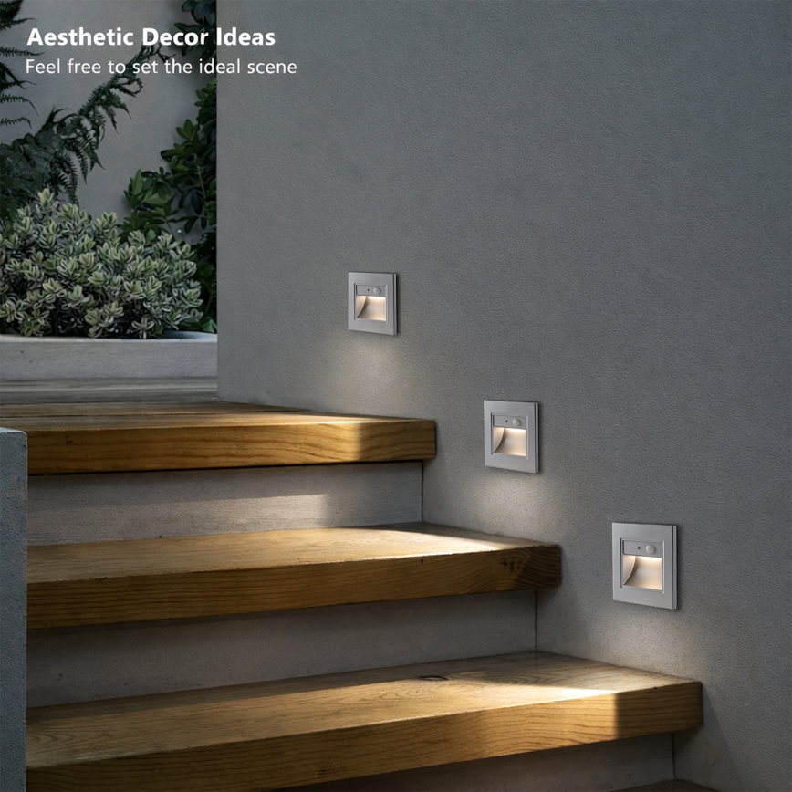 Brilagi - LED-porrasvalaisin anturilla STEP LIGHT LED/1,5W/230V IP44 hopea