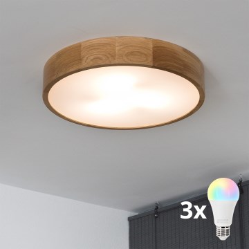 Brilagi - LED RGBW himmennettävä kattovalaisin CARVALHO 3xE27/9W/230V 2700-6500K Wi-Fi tammi halkaisija 47,5 cm