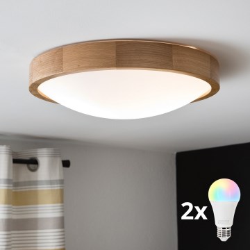 Brilagi - LED RGBW himmennettävä kattovalaisin CARVALHO SLIM 2xE27/9W/230V 2700-6500K Wi-Fi tammi, halkaisija 37 cm
