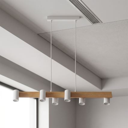 BRILAGI - LED RGBW himmennettävä riippuvalaisin vaijerilla SELE 6xGU10/6,5W/230V 2700-6500K valkoinen/tammi-kuvio + kaukosäädin