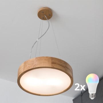 Brilagi - LED RGBW himmennettävä riippuvalaisin vaijerilla CARVALHO 2xE27/9W/230V 2700-6500K Wi-Fi tammi halkaisija 37 cm