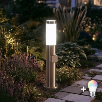 BRILAGI - LED RGBW himmennettävä ulkovalaisin pistorasialla ELIA 1xE27/6,5W/230V 2700-6500K IP44 Wi-Fi 50 cm mattakromi