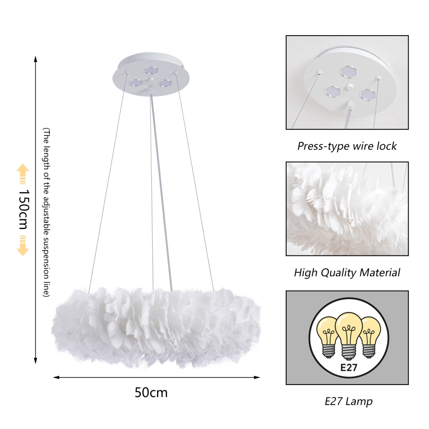 BRILAGI - LED-riippuvalaisin FEATHER, kaapelikiinnitys, 3xE27/40W/230V + 3xLED/3W, Ø 50 cm, valkoinen