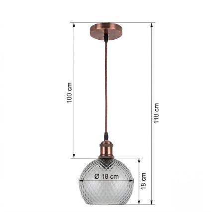 BRILAGI - LED-riippuvalaisin vaijerilla RETRO GLASS 1xE27/60W/230V, halkaisija 18 cm, kupari/savunharmaa