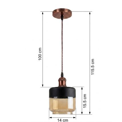 BRILAGI - RETRO GLASS LED-riippuvalaisin vaijeriripustuksella 1xE27/60W/230V, halkaisija 14 cm, kupari/savu-beige/musta