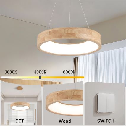 Brilagi - FALCON WOOD LED-riippuvalaisin vaijerilla LED/30W/230V 3000/4000/6000K, Ø 45 cm, puinen