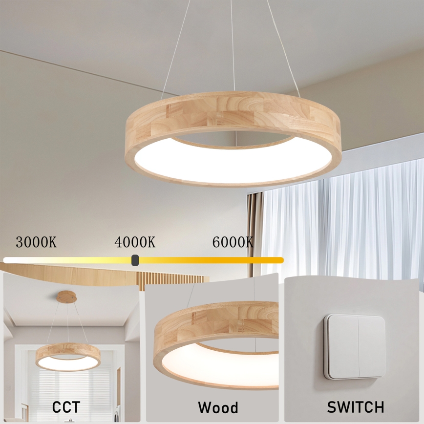 Brilagi - FALCON WOOD LED-riippuvalaisin vaijerilla LED/30W/230V 3000/4000/6000K, Ø 45 cm, puinen