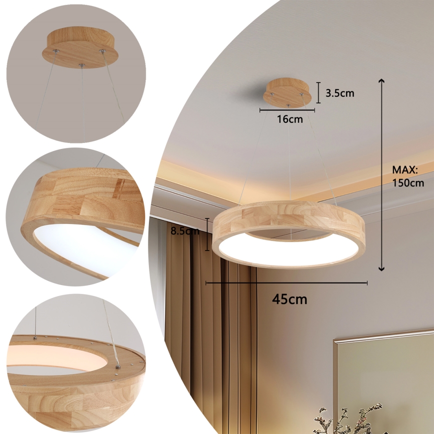 Brilagi - FALCON WOOD LED-riippuvalaisin vaijerilla LED/30W/230V 3000/4000/6000K, Ø 45 cm, puinen