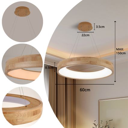 Brilagi - LED-riippuvalaisin ripustuskaapelilla FALCON WOOD LED/40 W/230 V 3000/4000/6000 K Ø 60 cm puu