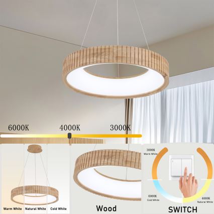 Brilagi - LED-riippuvalaisin vaijerilla FALCON WOOD MODERN, 30 W, 230 V, 3000/4000/6000 K, Ø 45 cm, puu