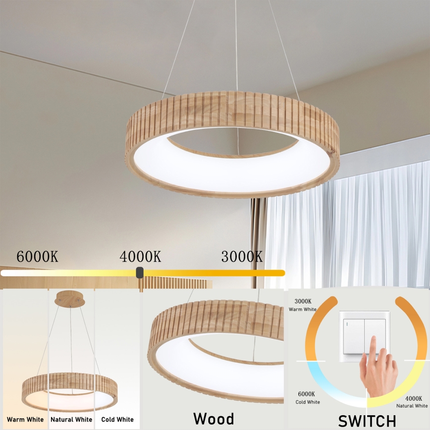 Brilagi - LED-riippuvalaisin vaijerilla FALCON WOOD MODERN, 30 W, 230 V, 3000/4000/6000 K, Ø 45 cm, puu