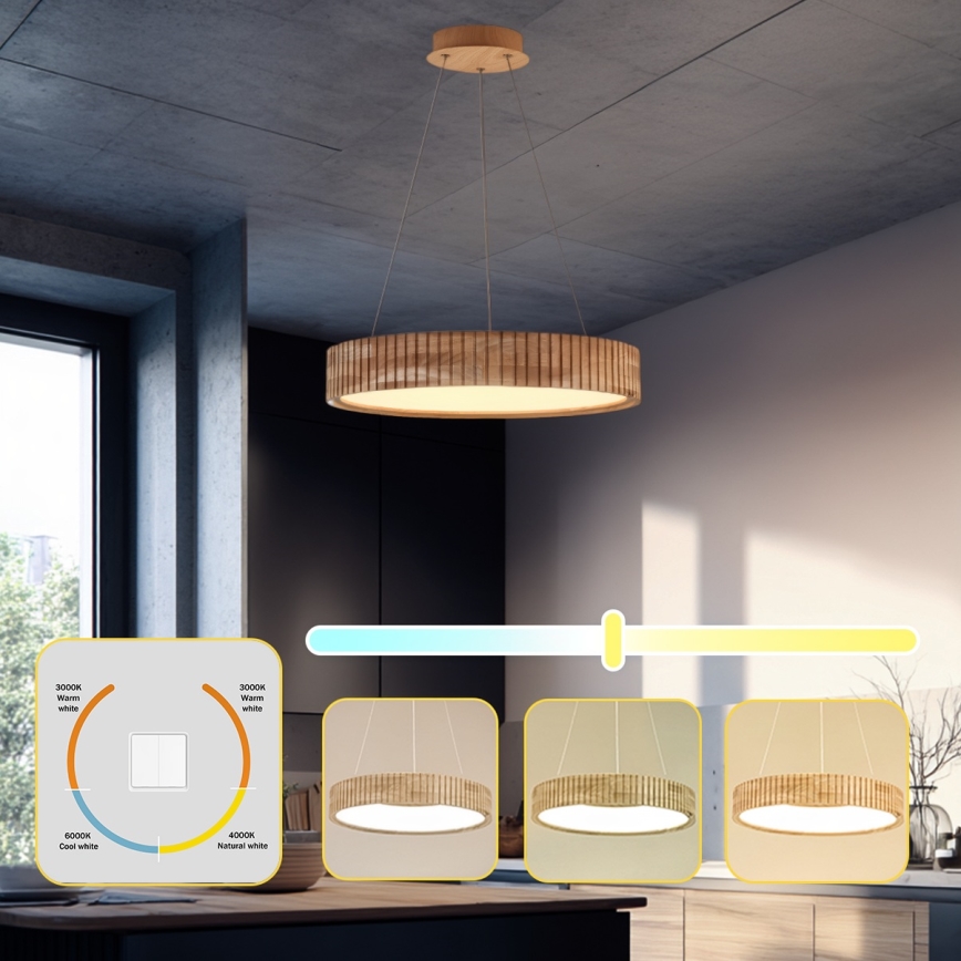 Brilagi - LED-riippuvalaisin vaijerilla FALCON WOOD MODERN, 30 W, 230 V, 3000/4000/6000 K, Ø 45 cm, puu