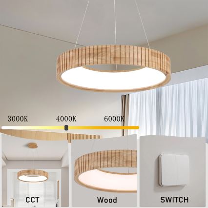 Brilagi - LED-riippuvalaisin vaijerilla FALCON WOOD MODERN, 30 W, 230 V, 3000/4000/6000 K, Ø 45 cm, puu