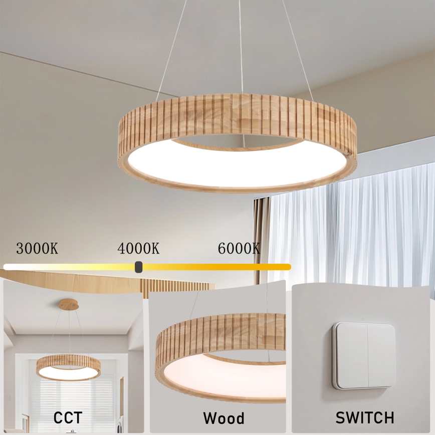 Brilagi - LED-riippuvalaisin vaijerilla FALCON WOOD MODERN, 30 W, 230 V, 3000/4000/6000 K, Ø 45 cm, puu