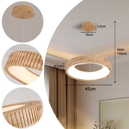 Brilagi - LED-riippuvalaisin vaijerilla FALCON WOOD MODERN, 30 W, 230 V, 3000/4000/6000 K, Ø 45 cm, puu