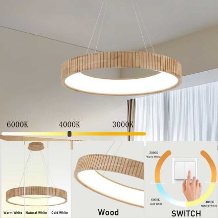 Brilagi - LED-riippuvalaisin vaijerilla FALCON WOOD MODERN LED/40W/230V 3000/4000/6000K, halkaisija 60 cm, puinen