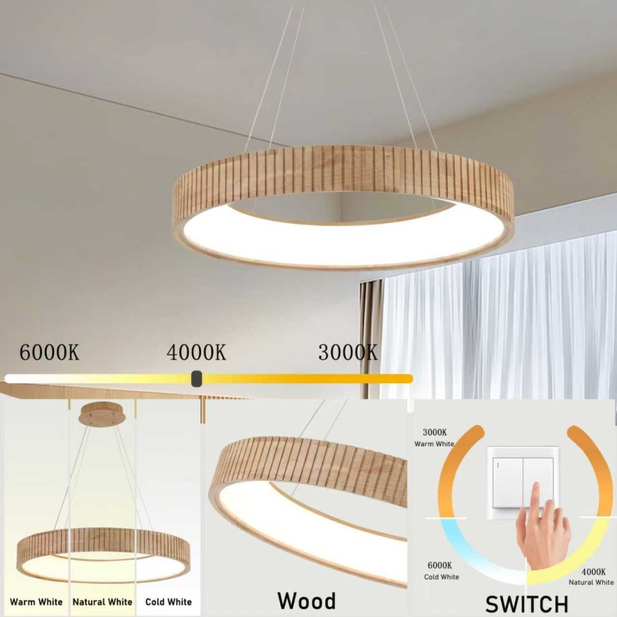 Brilagi - LED-riippuvalaisin vaijerilla FALCON WOOD MODERN LED/40W/230V 3000/4000/6000K, halkaisija 60 cm, puinen