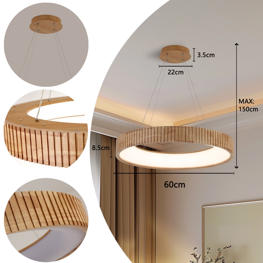 Brilagi - LED-riippuvalaisin vaijerilla FALCON WOOD MODERN LED/40W/230V 3000/4000/6000K, halkaisija 60 cm, puinen