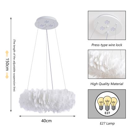 BRILAGI - LED-riippuvalaisin vaijerilla FEATHER 3xE27/40W/230V + 3xLED/3W halkaisija 40 cm valkoinen