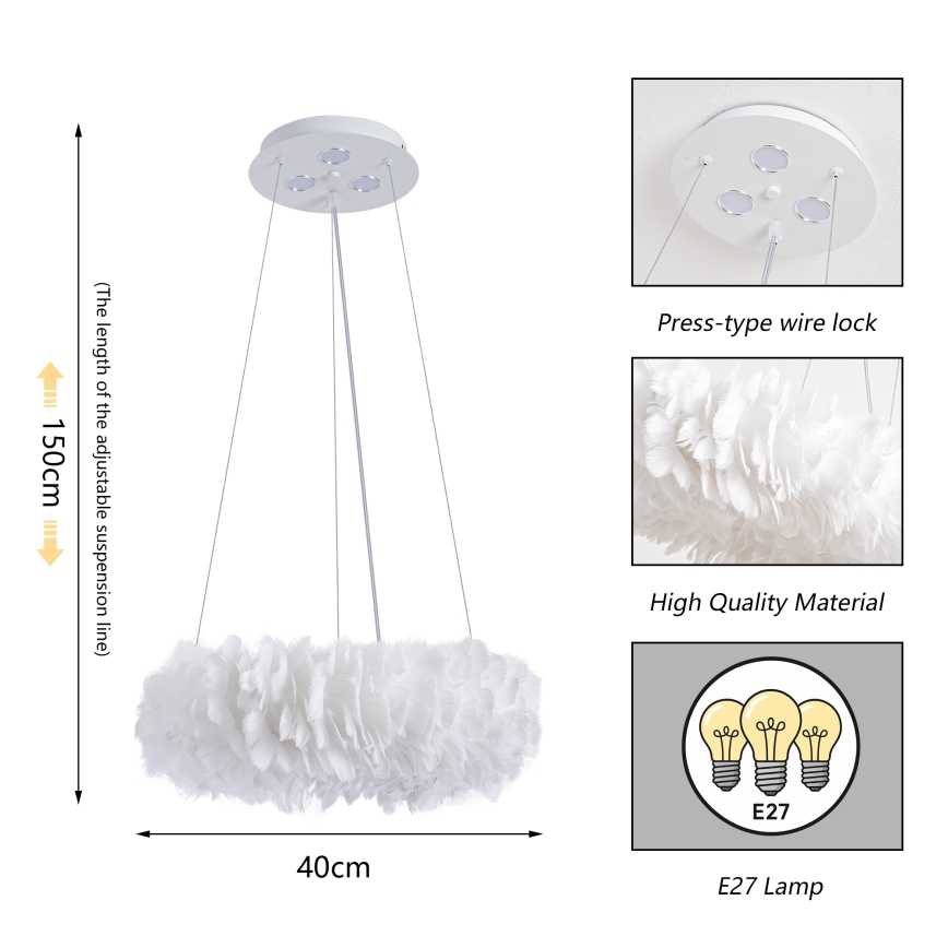 BRILAGI - LED-riippuvalaisin vaijerilla FEATHER 3xE27/40W/230V + 3xLED/3W halkaisija 40 cm valkoinen