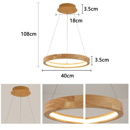 Brilagi - LED-riippuvalaisin vaijerilla UMEA WOOD LED/30W/230V halkaisija 40 cm kumipuu