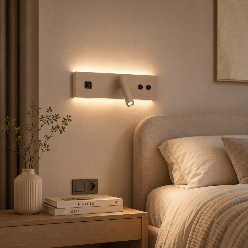 BRILAGI - NOCTIS LED-seinäspotti USB-portilla LED/3W/230V + LED/9W, beige