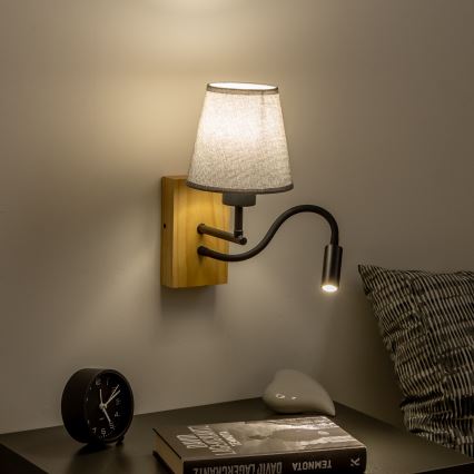 Brilagi - LED Joustava seinävalaisin NUBILA WOOD 1xE27/25W/230V + LED/3W tammi/harmaa