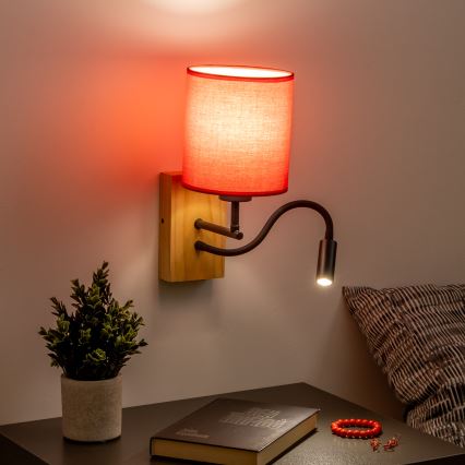 Brilagi - LED Joustava seinävalaisin NUBILA WOOD 1xE27/25W/230V + LED/3W tammi/punainen