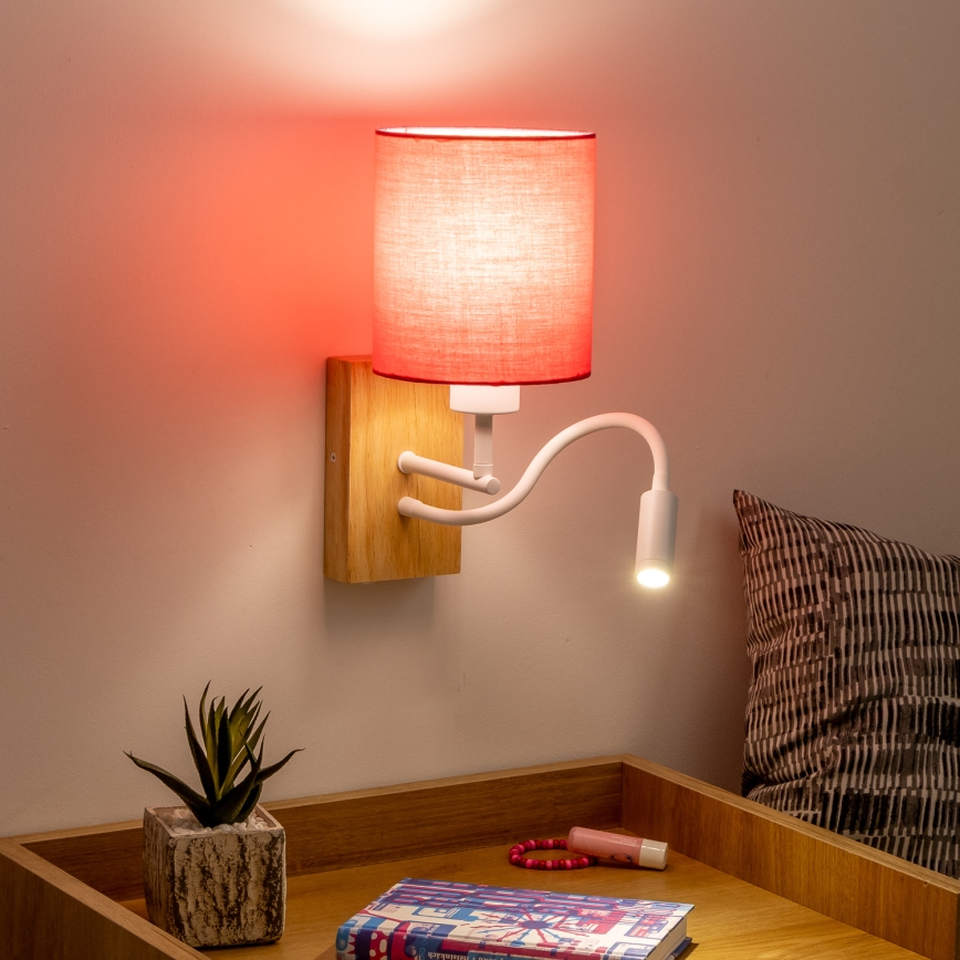 Brilagi - LED Joustava seinävalaisin NUBILA WOOD 1xE27/25W/230V + LED/3W tammi/vaaleanpunainen