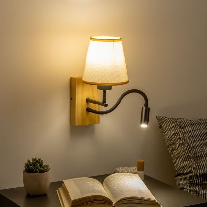 Brilagi - LED Joustava seinävalaisin NUBILA WOOD 1xE27/25W/230V + LED/3W tammi/vaaleanruskea