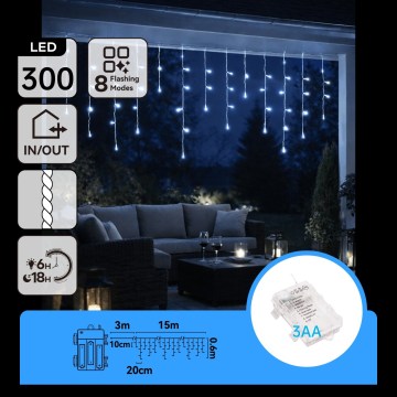 BRILAGI - LED-ulkokäyttöinen joulukoristevalosarja 300xLED/3xAA/8 toimintoa 18x0,6m IP44 kylmänvalkoinen