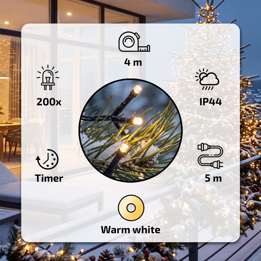 BRILAGI - LED-ulkokäyttöinen jouluvaloketju 200 LED, 9 m, IP44, lämmin valkoinen