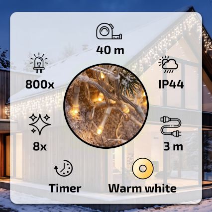 BRILAGI - LED-ulkokäyttöön tarkoitettu joulukoristevalosarja 800 LED / 8 toimintoa, 43 m, IP44, lämmin valkoinen, jääpuikkovalot