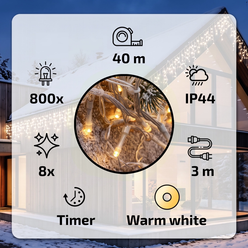BRILAGI - LED-ulkokäyttöön tarkoitettu joulukoristevalosarja 800 LED / 8 toimintoa, 43 m, IP44, lämmin valkoinen, jääpuikkovalot