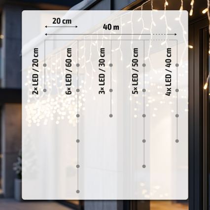 BRILAGI - LED-ulkokäyttöön tarkoitettu joulukoristevalosarja 800 LED / 8 toimintoa, 43 m, IP44, lämmin valkoinen, jääpuikkovalot