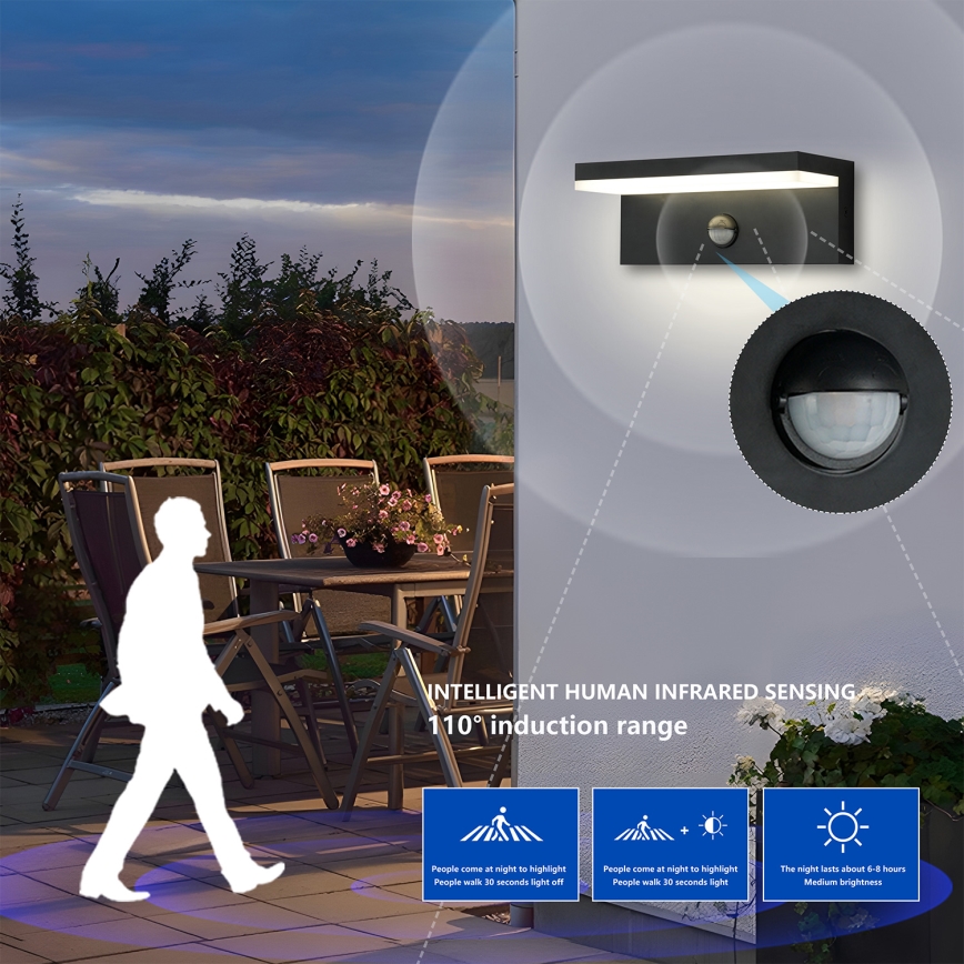 Brilagi - LED-ulkoseinävalaisin anturilla TESSI LED/10W/230V musta IP54