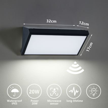 Brilagi - LED-ulkovalaisin seinälle liiketunnistimella TRIANGLE LED/20W/230V musta IP65