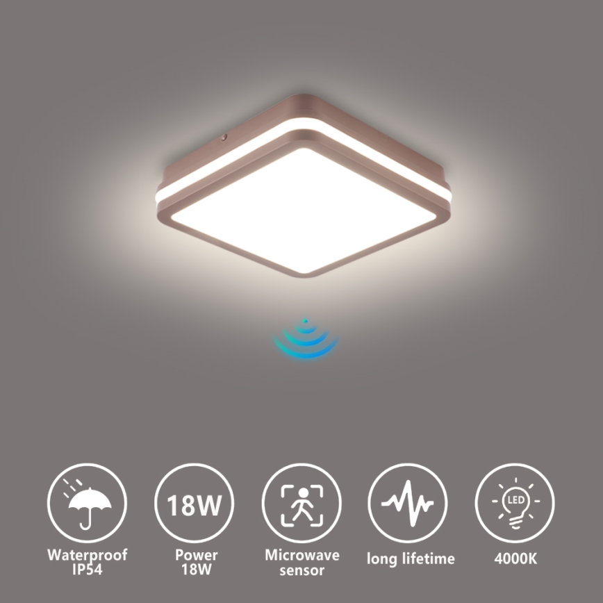 Brilagi - LED-ulkokattovalaisin tunnistimella BENE LED/18W/230V 21,5x21,5 cm ruskea IP54