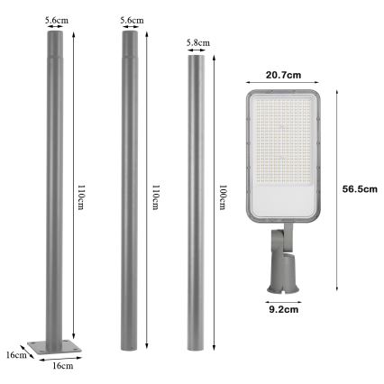 Brilagi - URBANLIGHT LED-katuvalaisin pylväällä ja nivelillä, 3 m, LED/200W/230V, harmaa, IP65