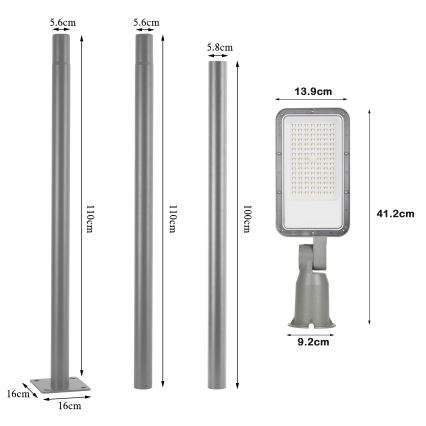 Brilagi - URBANLIGHT LED-katuvalaisin 3 m pylväällä ja nivelellä, LED 50W 230V, harmaa, IP65