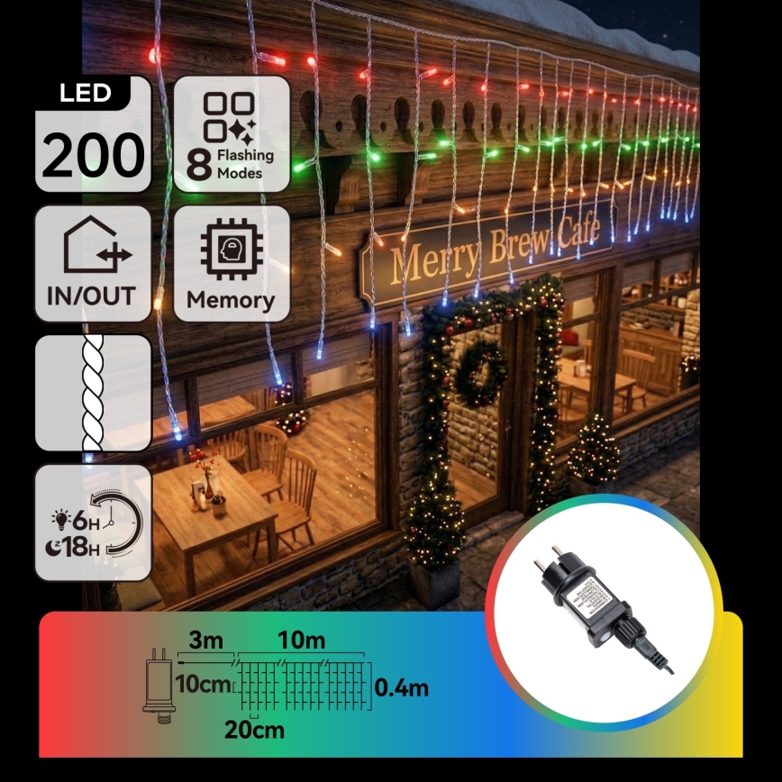 BRILAGI - LED-ulkovaloketju 200xLED/3,6W/8 toimintoa 13x0,4m IP44 monivärinen