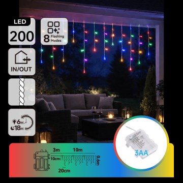 BRILAGI - LED-ulkovaloketju 200xLED/3xAA/8 toimintoa 13x0,6m IP44 monivärinen