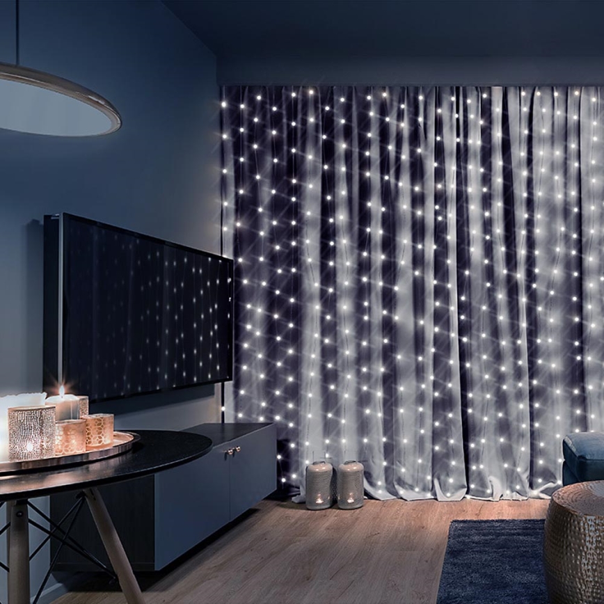 Brilagi - LED Valoverho 300xLED/8 functions/3xAA/USB 1,2m kylmä valkoinen