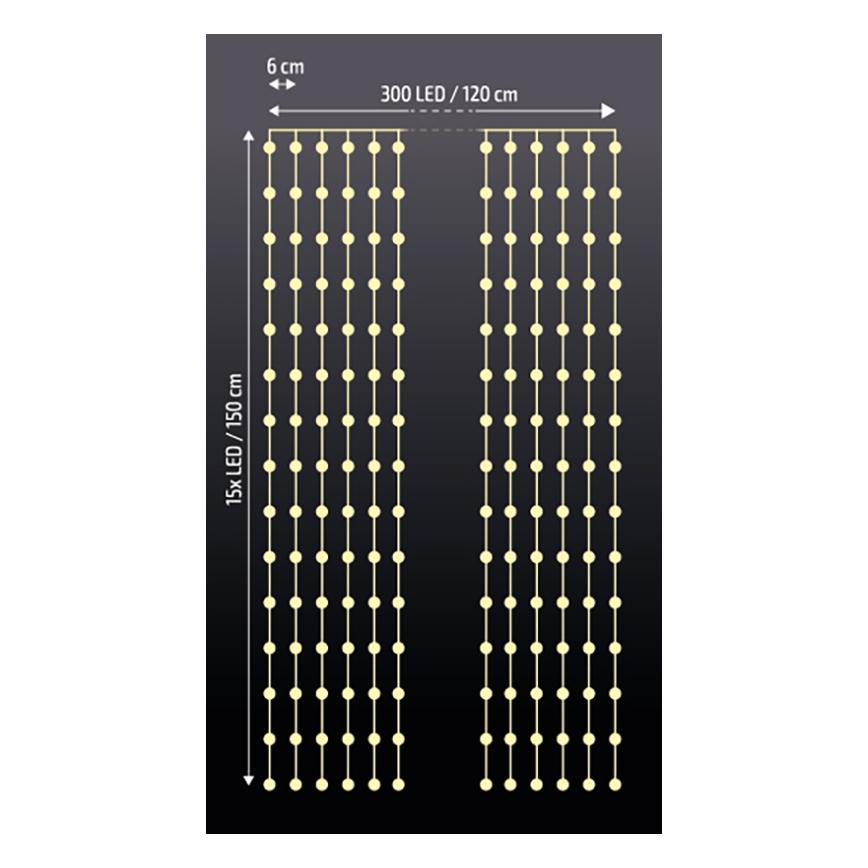 Brilagi - LED-valoverho 300xLED/8 toimintoa/3xAA/USB 1,2 m lämmin valkoinen